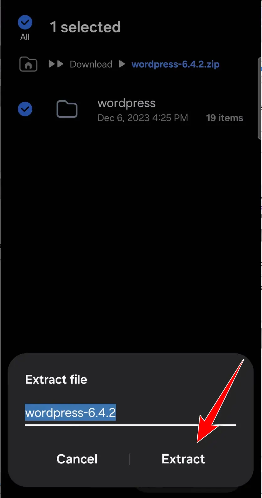 نصب وردپرس روی گوشی موبایل اندروید Extract فایل زیپ وردپرس