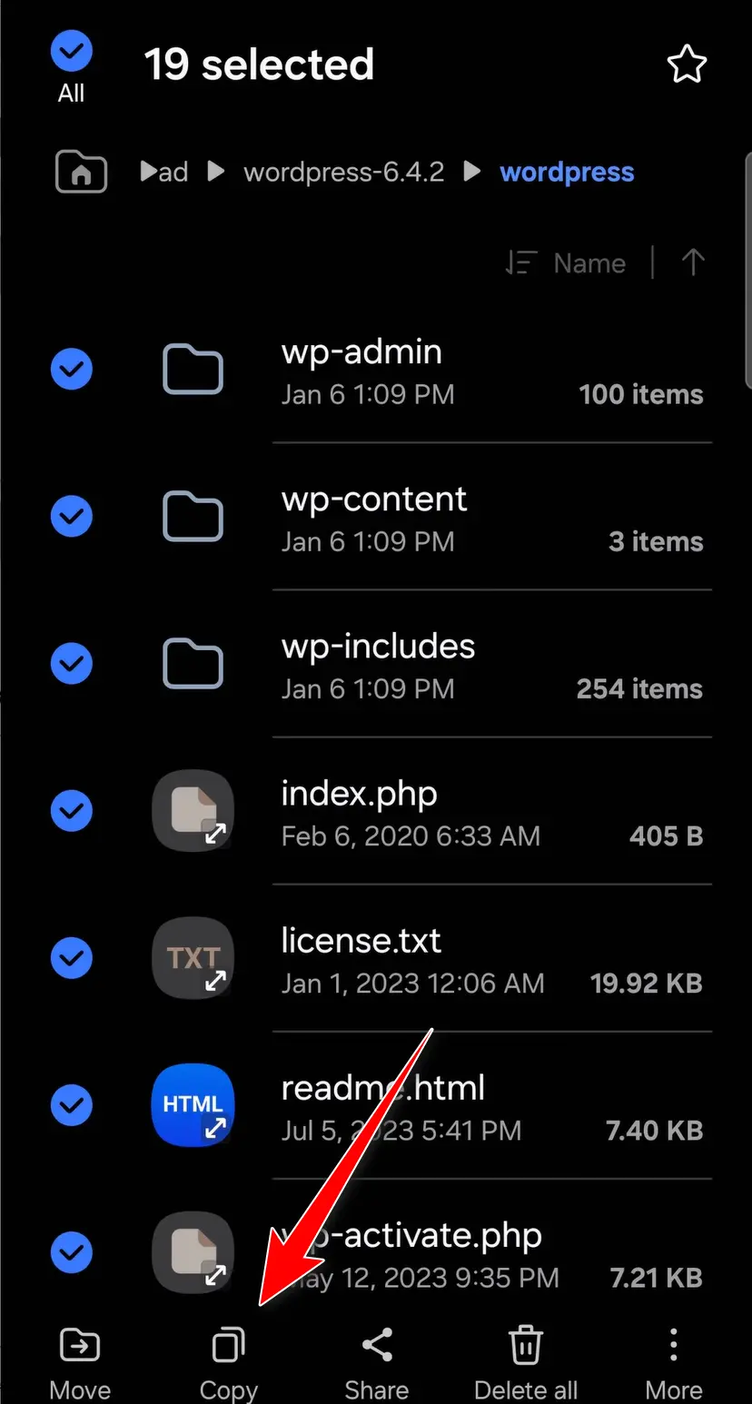 نصب وردپرس روی گوشی موبایل اندروید انتخاب فایلهای وردپرس برای کپی