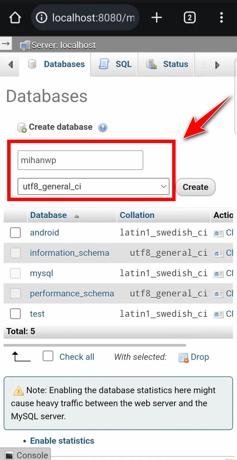 نصب وردپرس روی گوشی موبایل اندروید ساخت دیتابیس