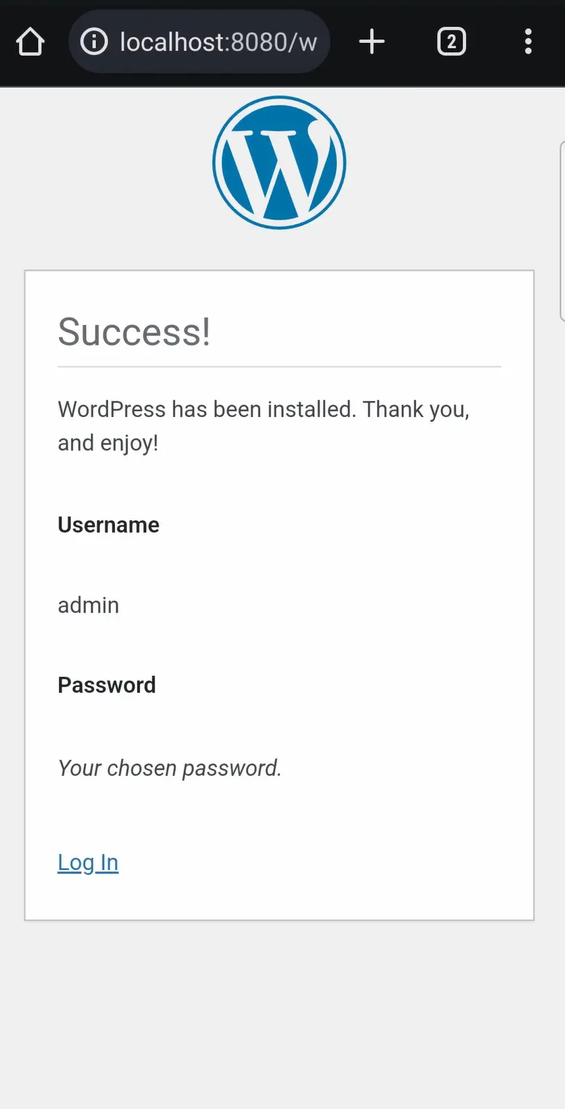 نصب وردپرس روی گوشی موبایل اندروید پایان نصب وردپرس
