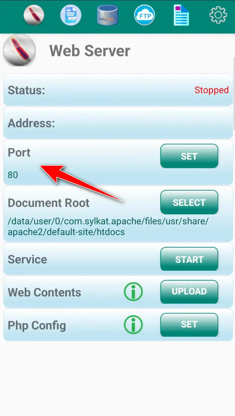 نصب وردپرس روی گوشی موبایل اندروید انتخاب پورت ۸۰