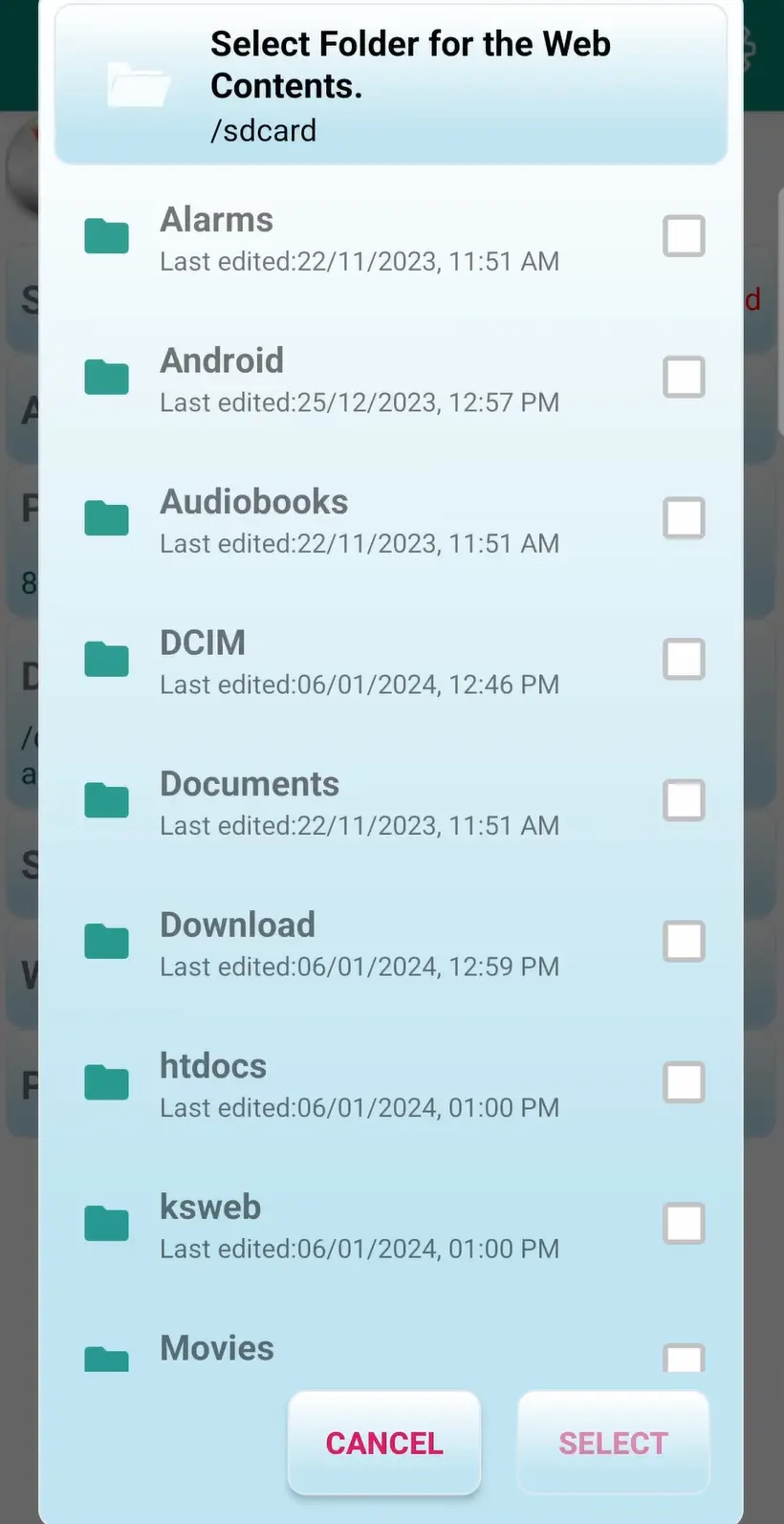 نصب وردپرس روی گوشی موبایل اندروید انتخاب پوشه ریشه برای سرور