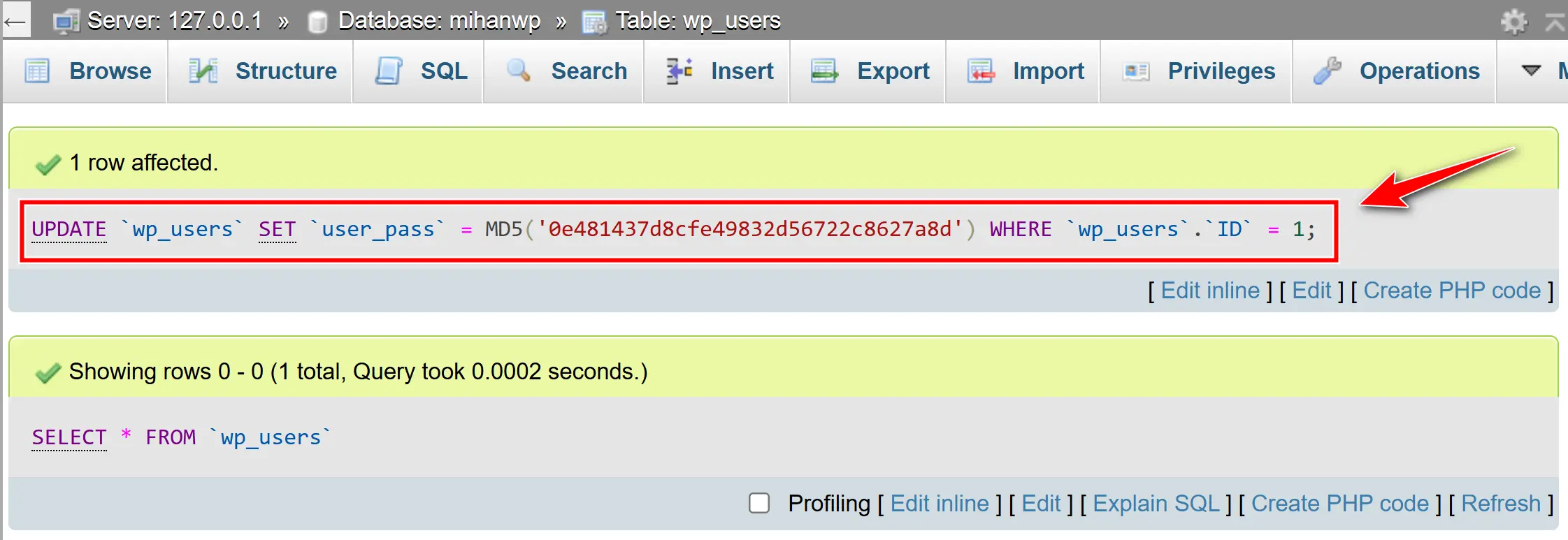 نتیجه‌ی انتخاب گزینه MD5