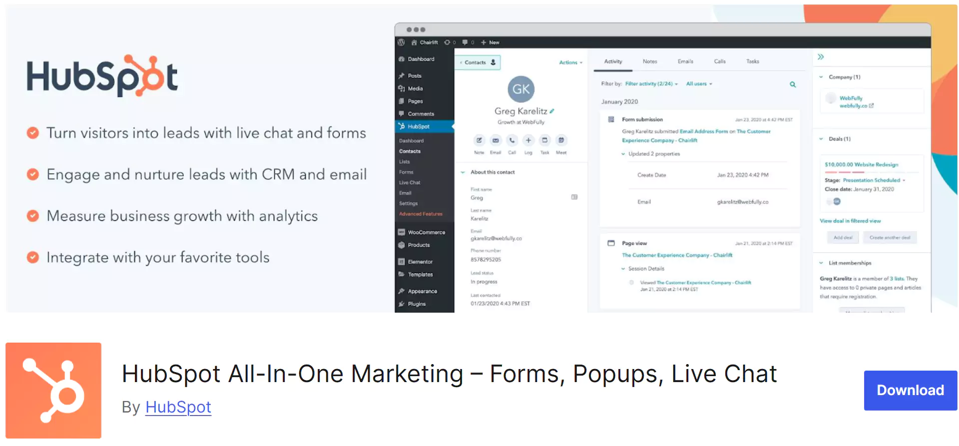 افزونه HubSpot CRM & Live Chat