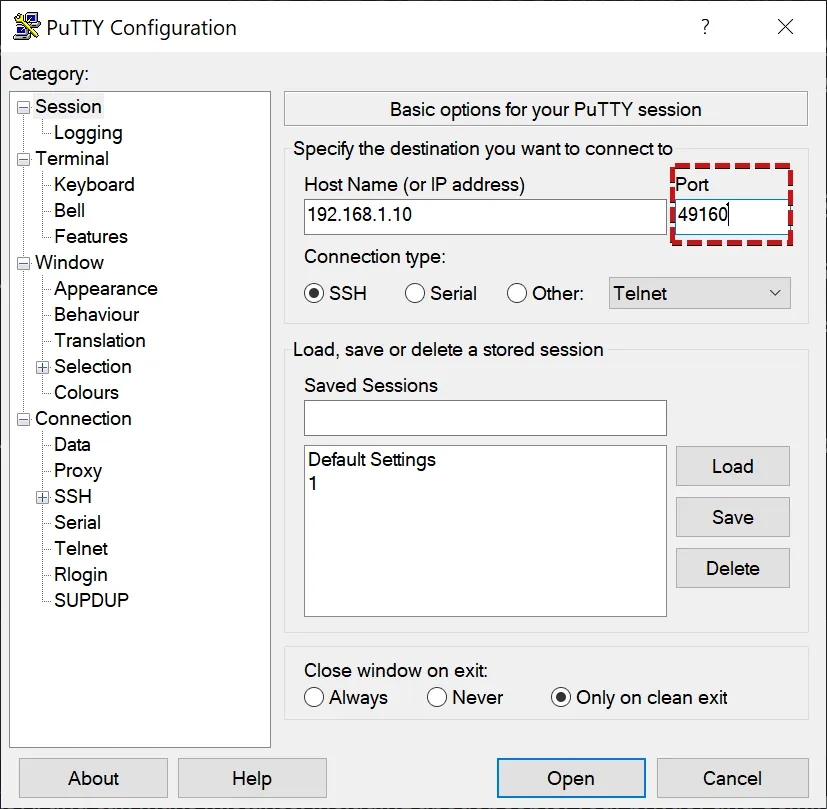 تنظیم پورت جدید در putty