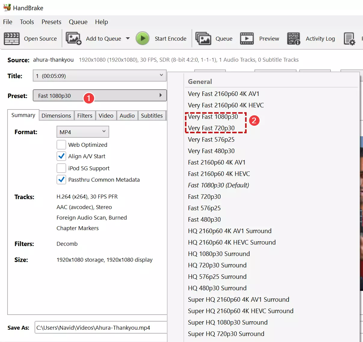 قسمت Presets در Handbrake 