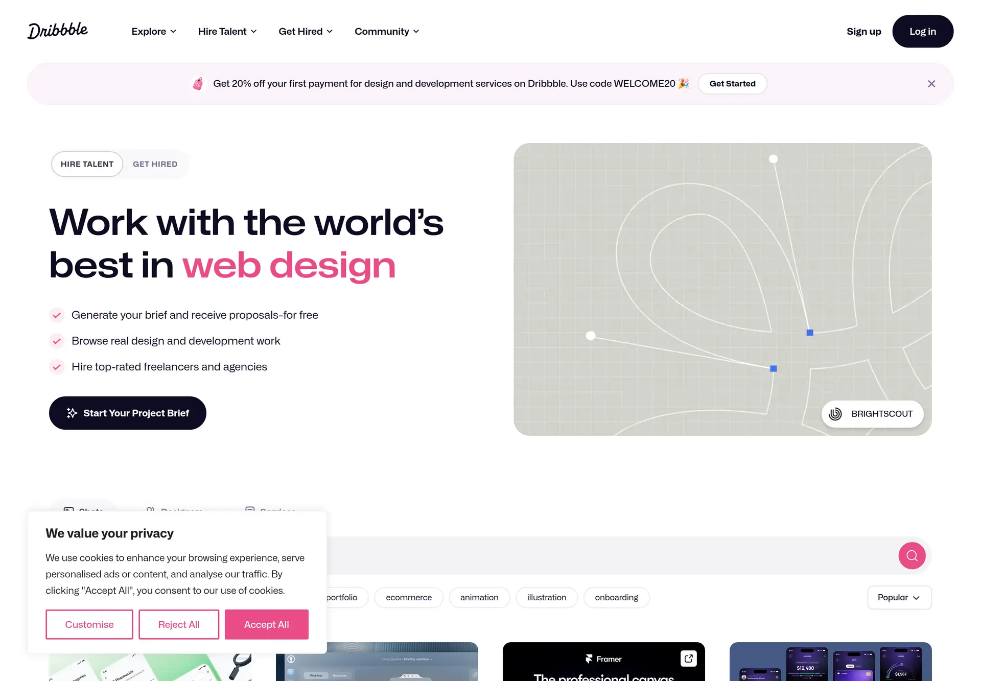 صفحه اصلی Dribbble و نمونه‌کارهای رابط کاربری طراحان