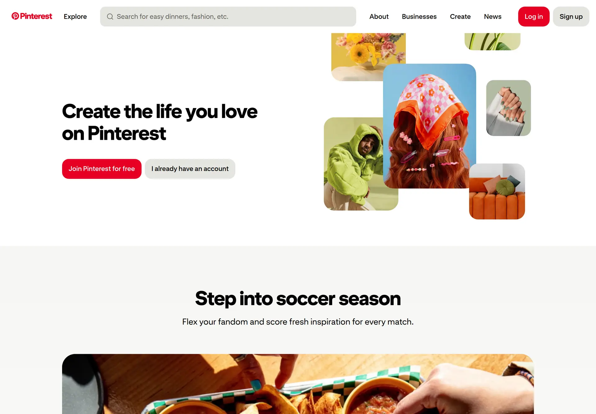 صفحه اصلی Pinterest و بخش‌های جست‌وجو و کشف ایده‌های بصری