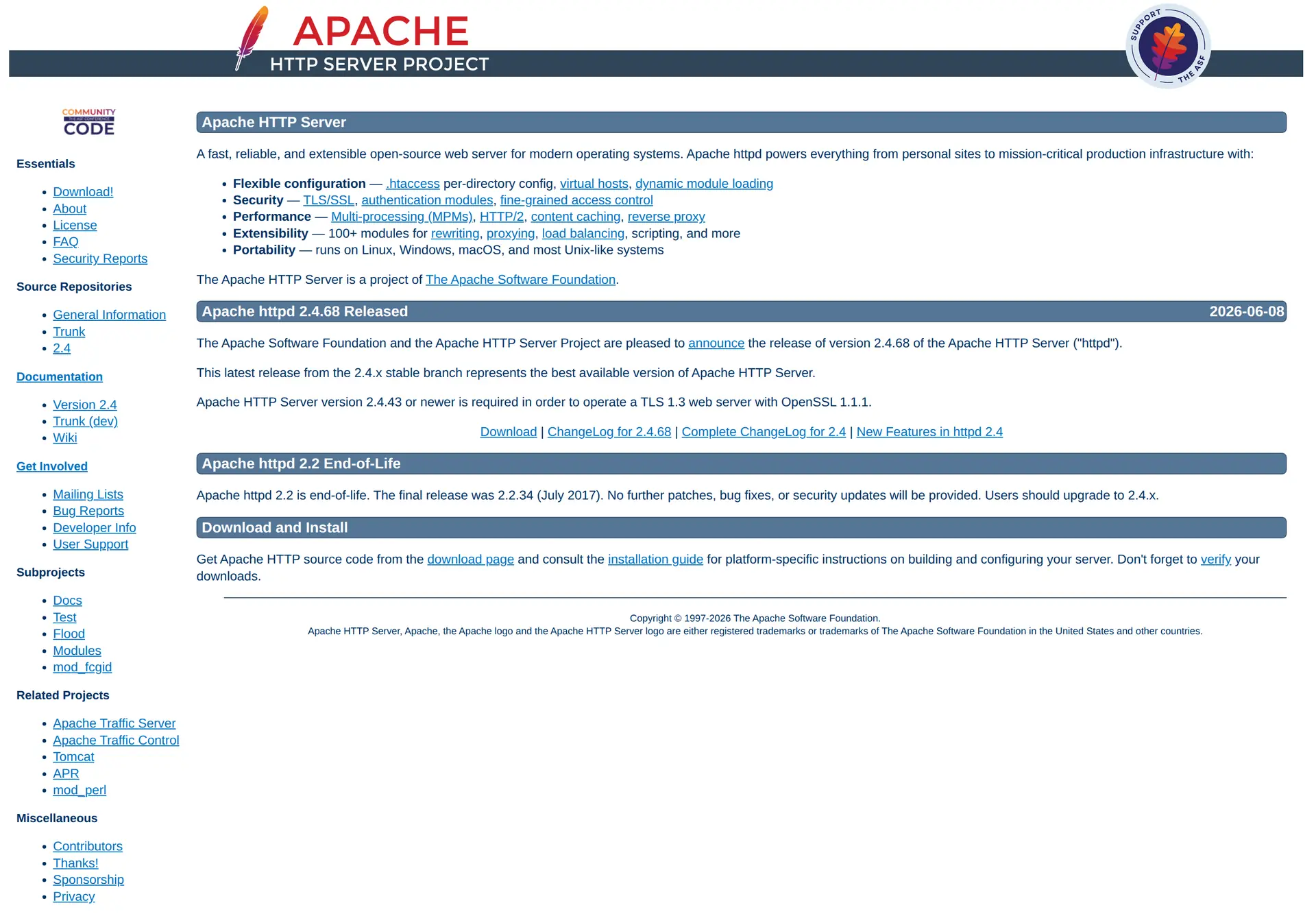 صفحه رسمی پروژه آپاچی و معرفی Apache HTTP Server