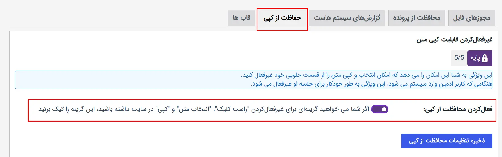 فعال کردن تیک محافظت از کپی