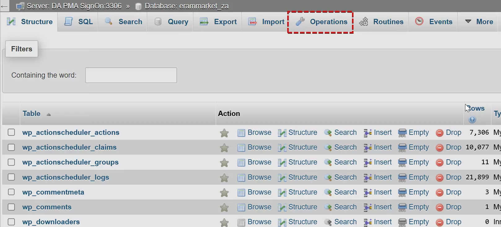 Operations در phpmyadmin
