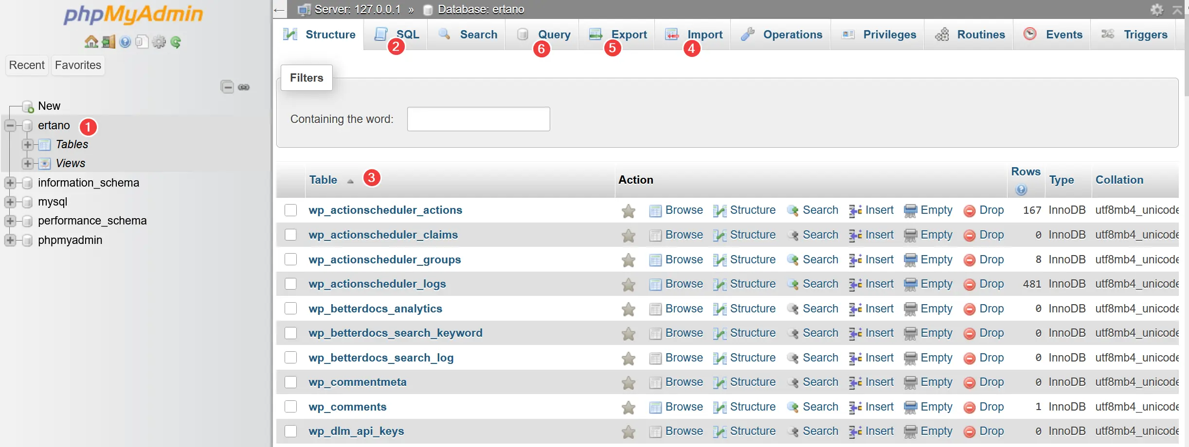 داشبورد phpmyadmin