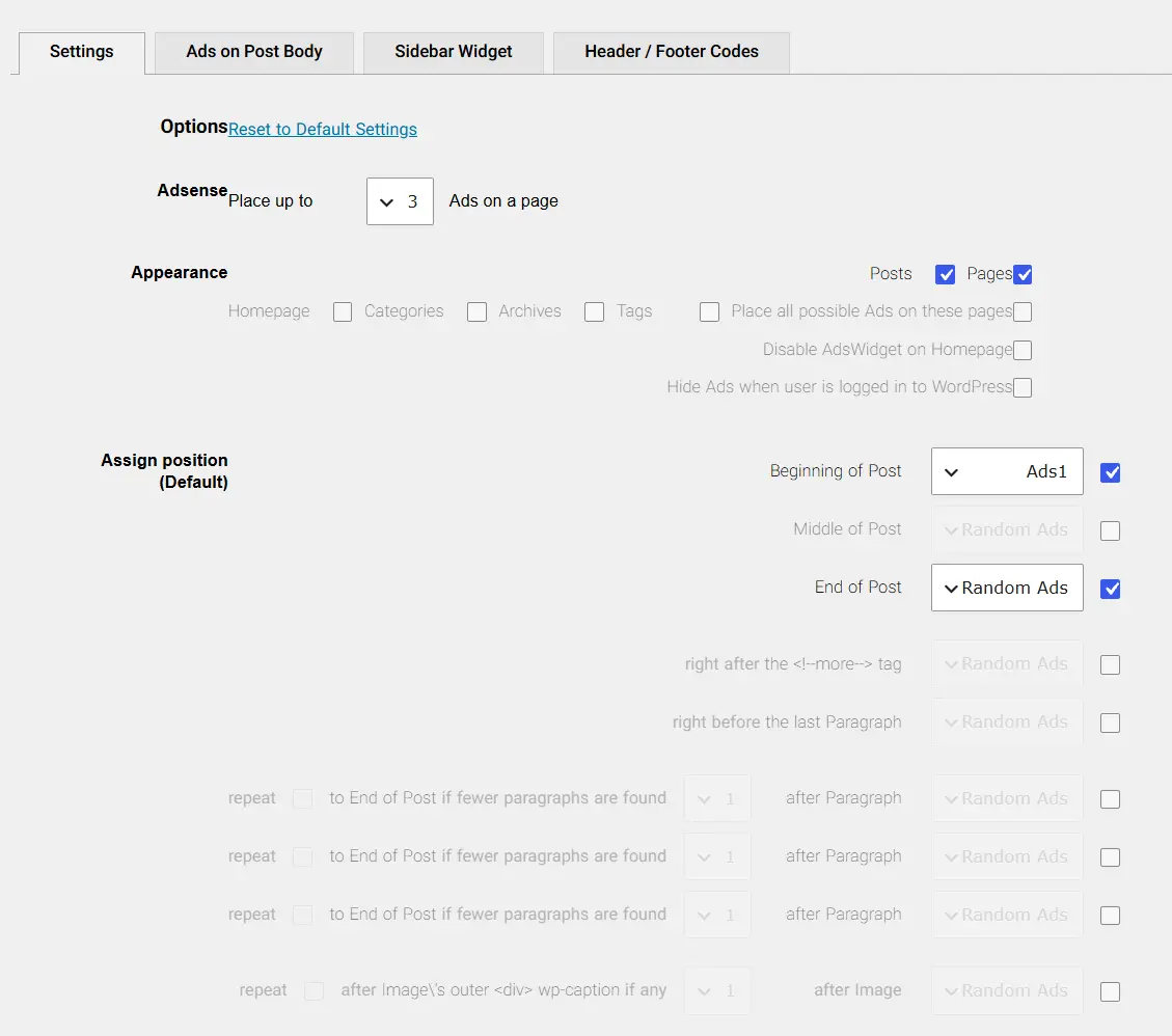 تنظیمات افزونه Quick Adsense