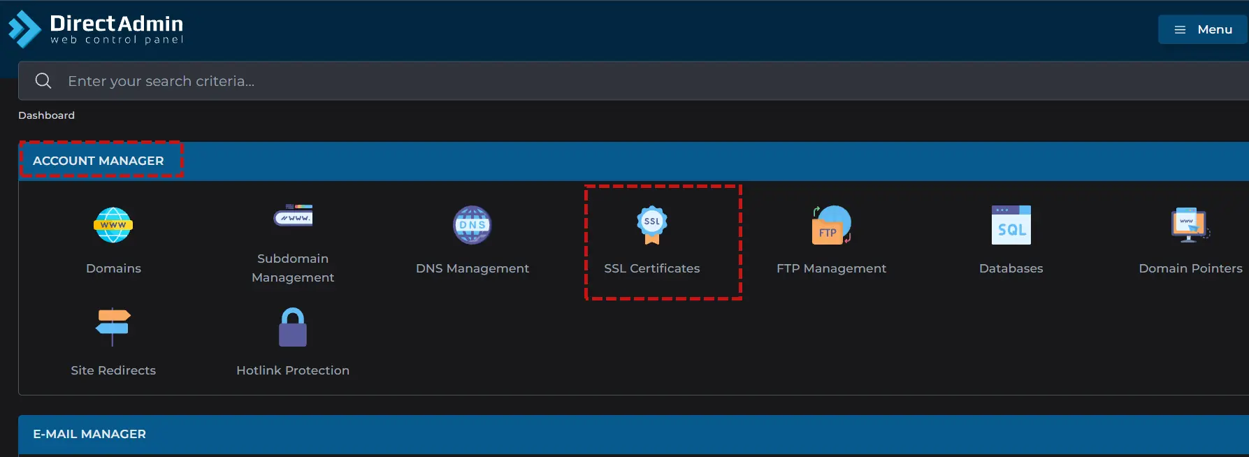 ورود به قسمت SSL Certificates