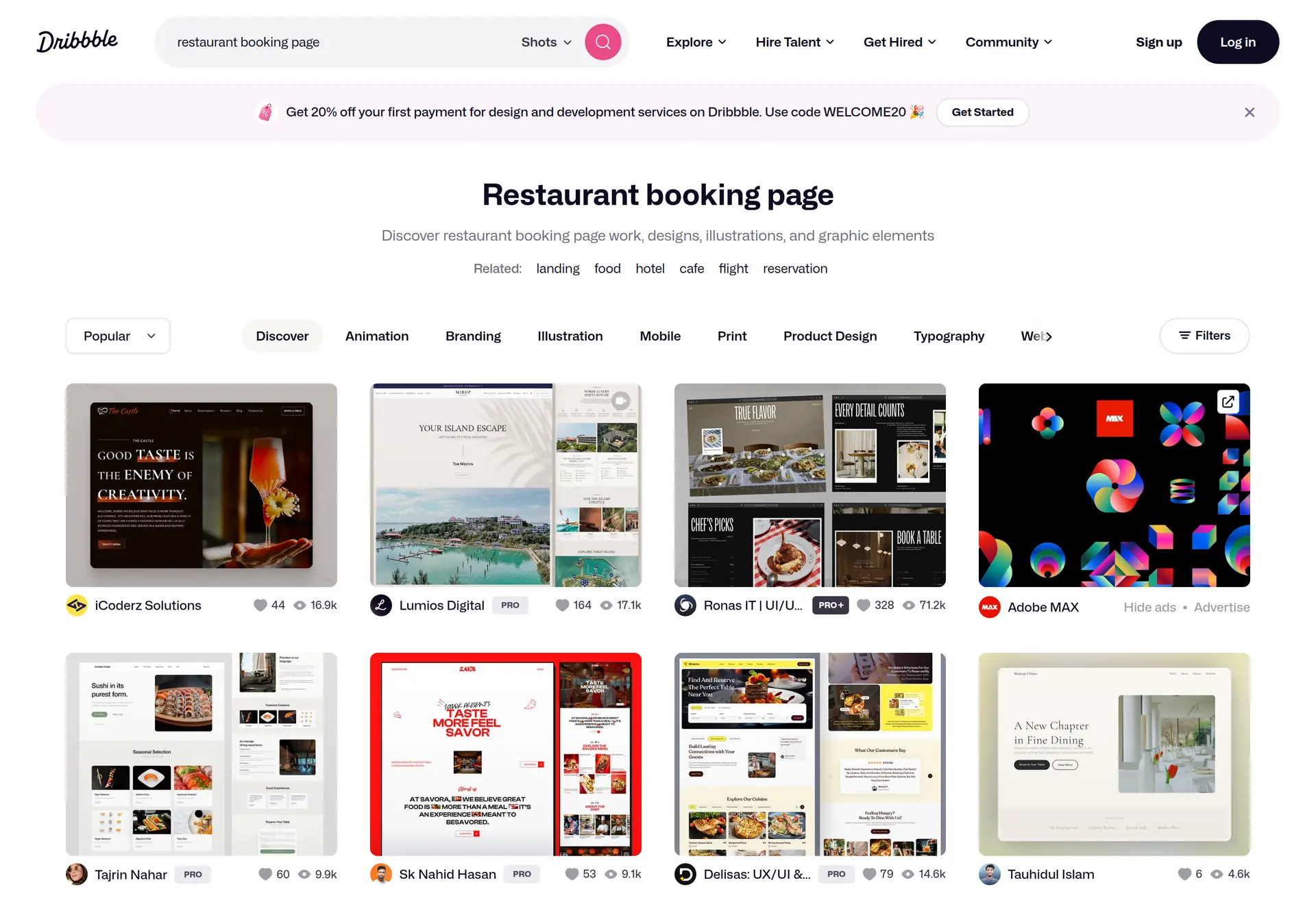 نتایج جست‌وجوی Dribbble برای نمونه‌های طراحی صفحه رزرو رستوران