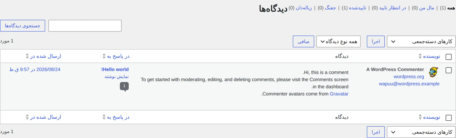 صفحه مدیریت دیدگاه‌ها در پیشخوان وردپرس