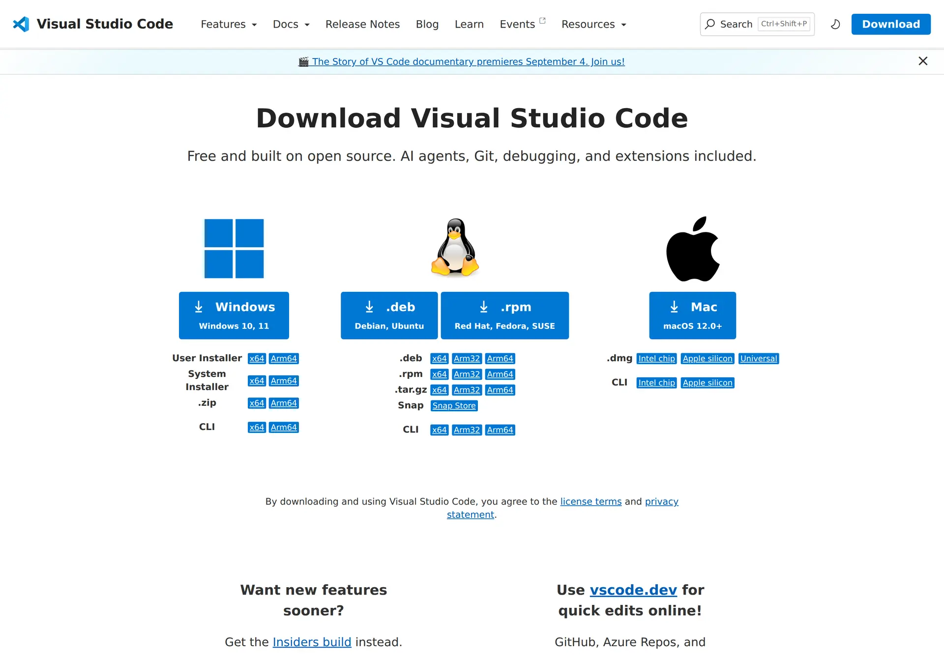 صفحه رسمی دانلود VS Code برای انتخاب نسخه مناسب سیستم‌عامل