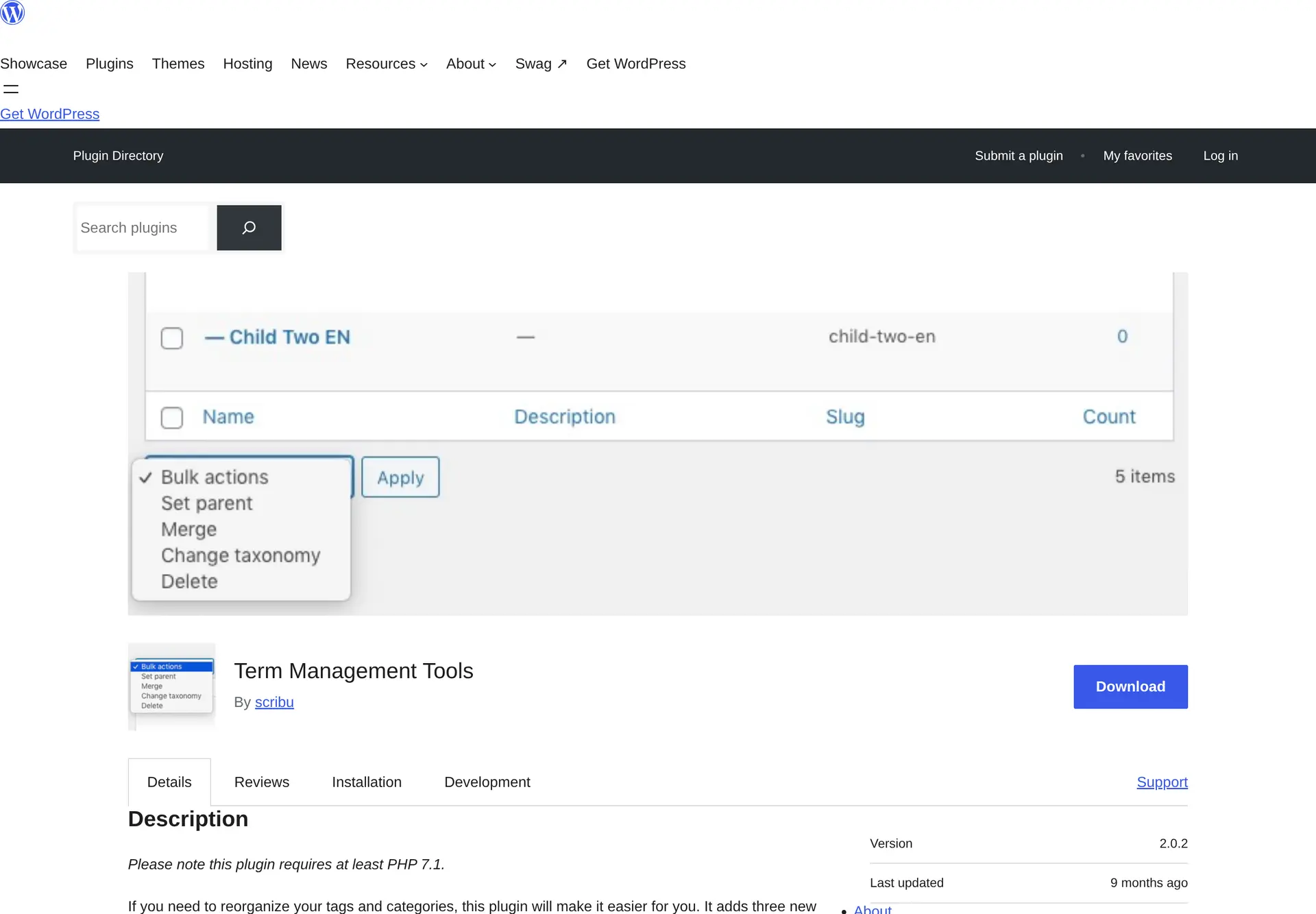 صفحه رسمی افزونه Term Management Tools در سایت وردپرس