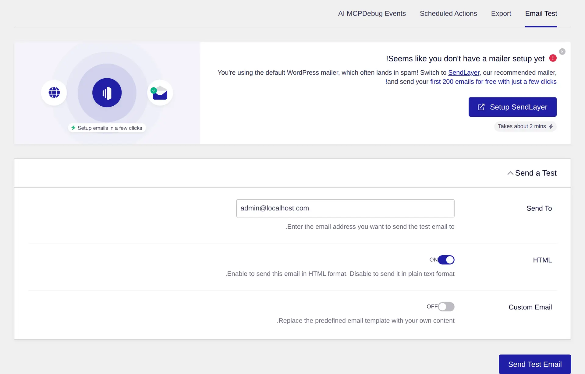 ابزار فرستادن ایمیل آزمایشی در افزونه Easy WP SMTP