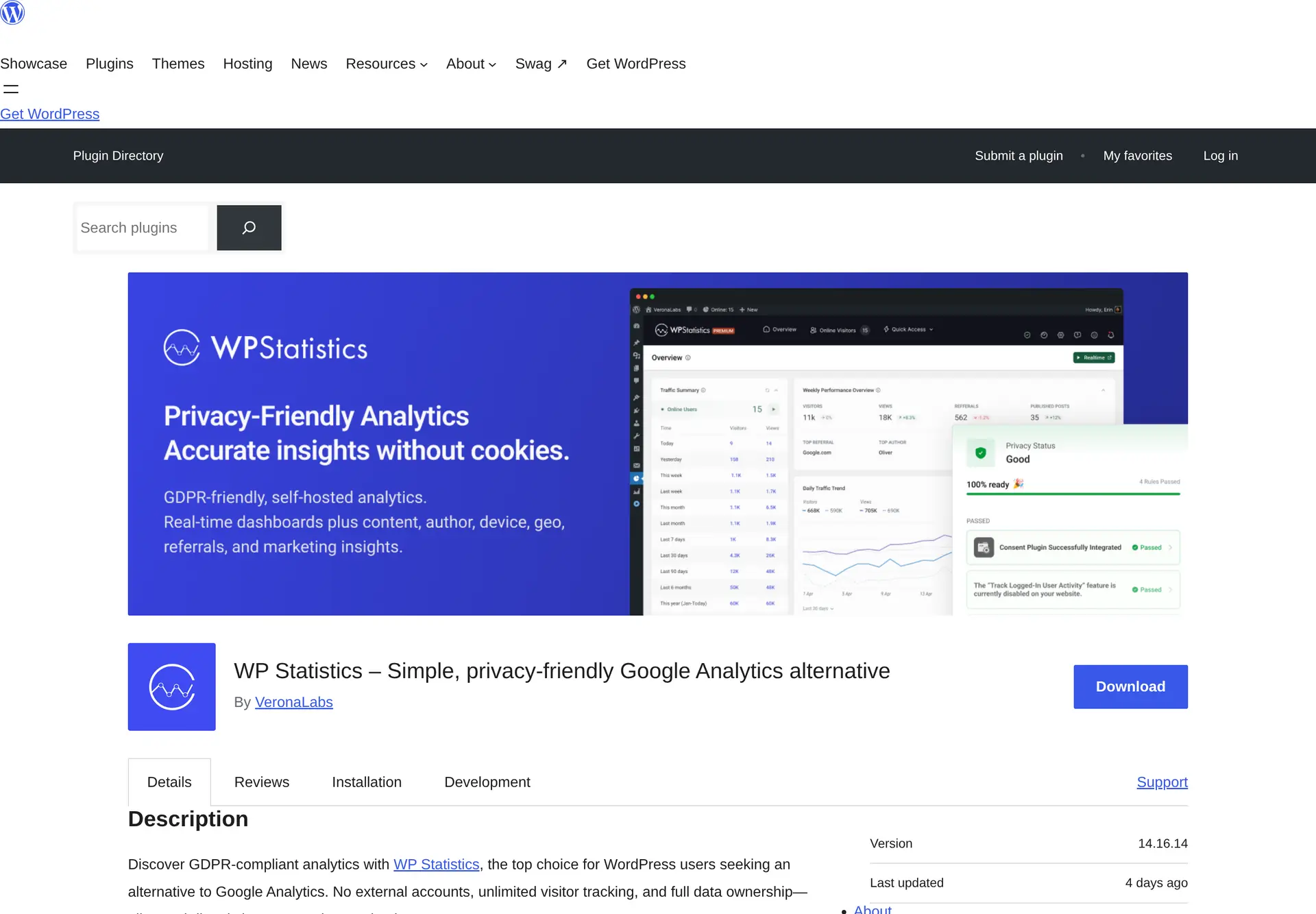 صفحه رسمی افزونه WP Statistics در مخزن وردپرس