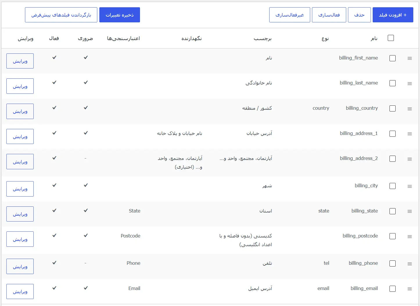 افزودن، ویرایش و حذف فیلدهای صفحهٔ تسویه‌حساب ووکامرس
