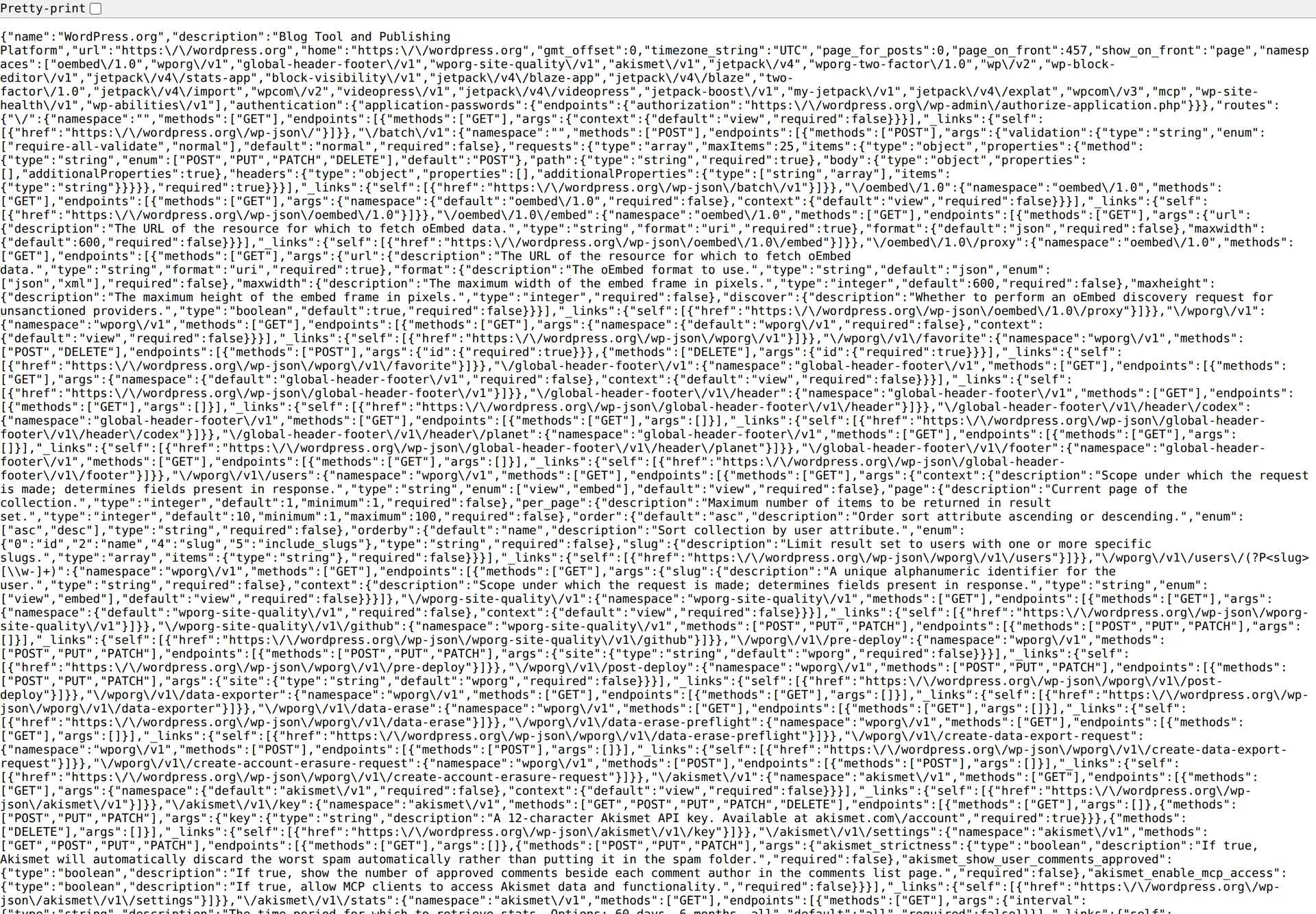 نمونه پاسخ JSON مسیر اصلی REST API وردپرس در مرورگر