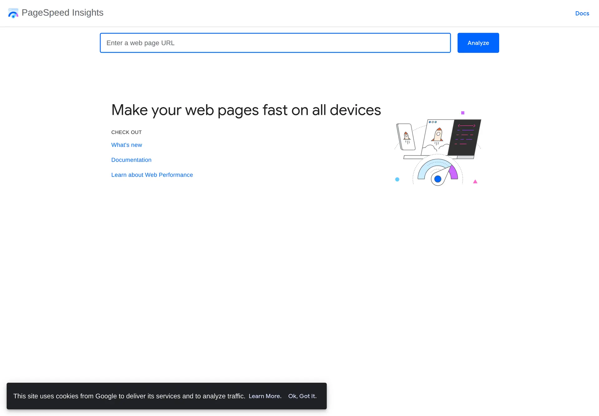 صفحه رسمی PageSpeed Insights برای وارد کردن آدرس سایت و بررسی سرعت صفحه