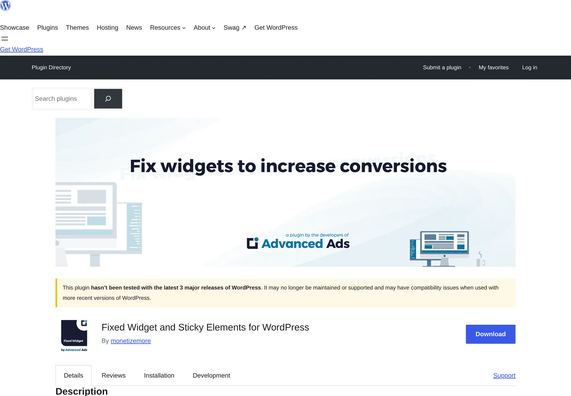 صفحه رسمی افزونه Fixed Widget در مخزن وردپرس برای بررسی مشخصات، سازگاری و وضعیت به‌روزرسانی