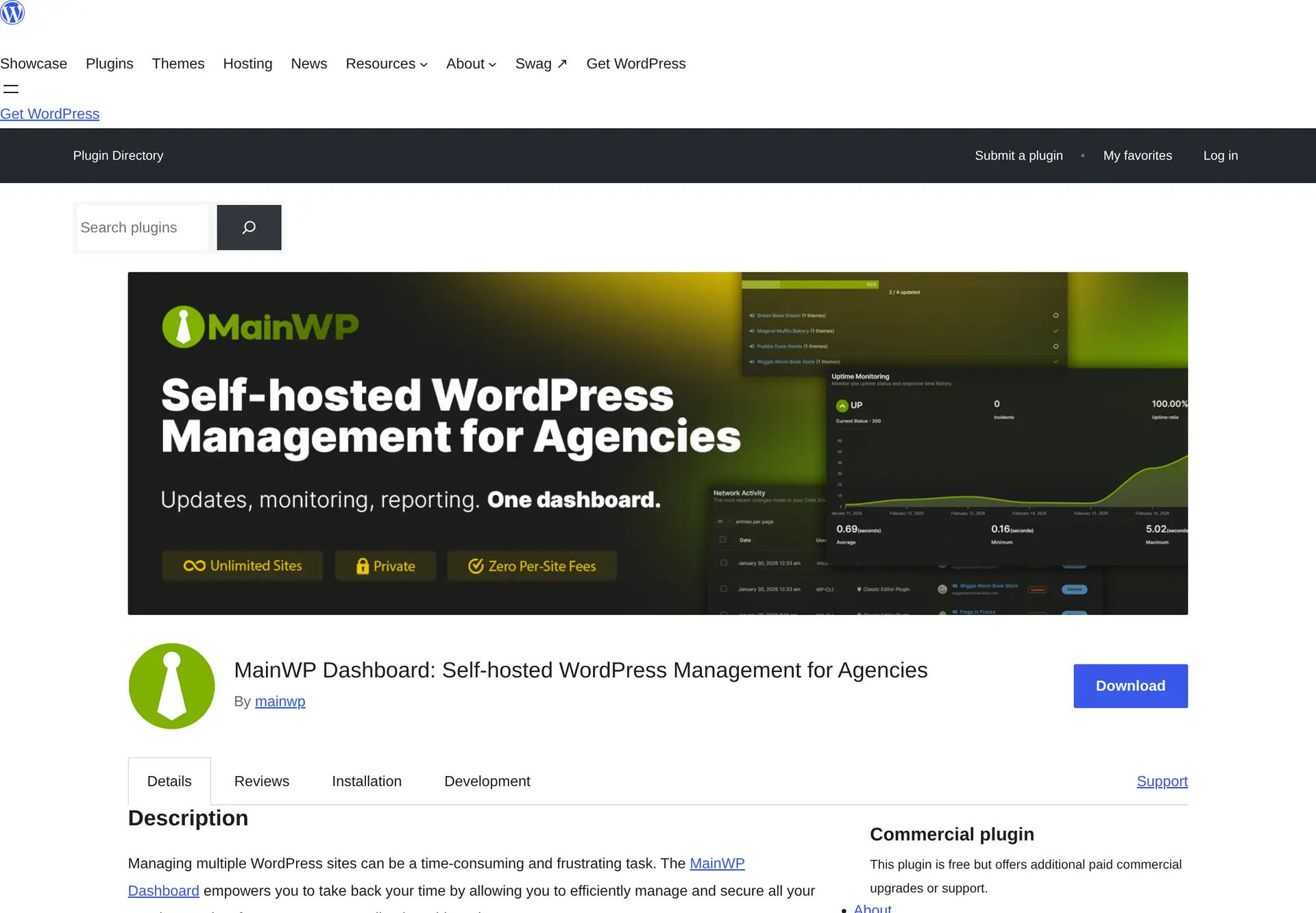 صفحه رسمی افزونه MainWP Dashboard در مخزن وردپرس