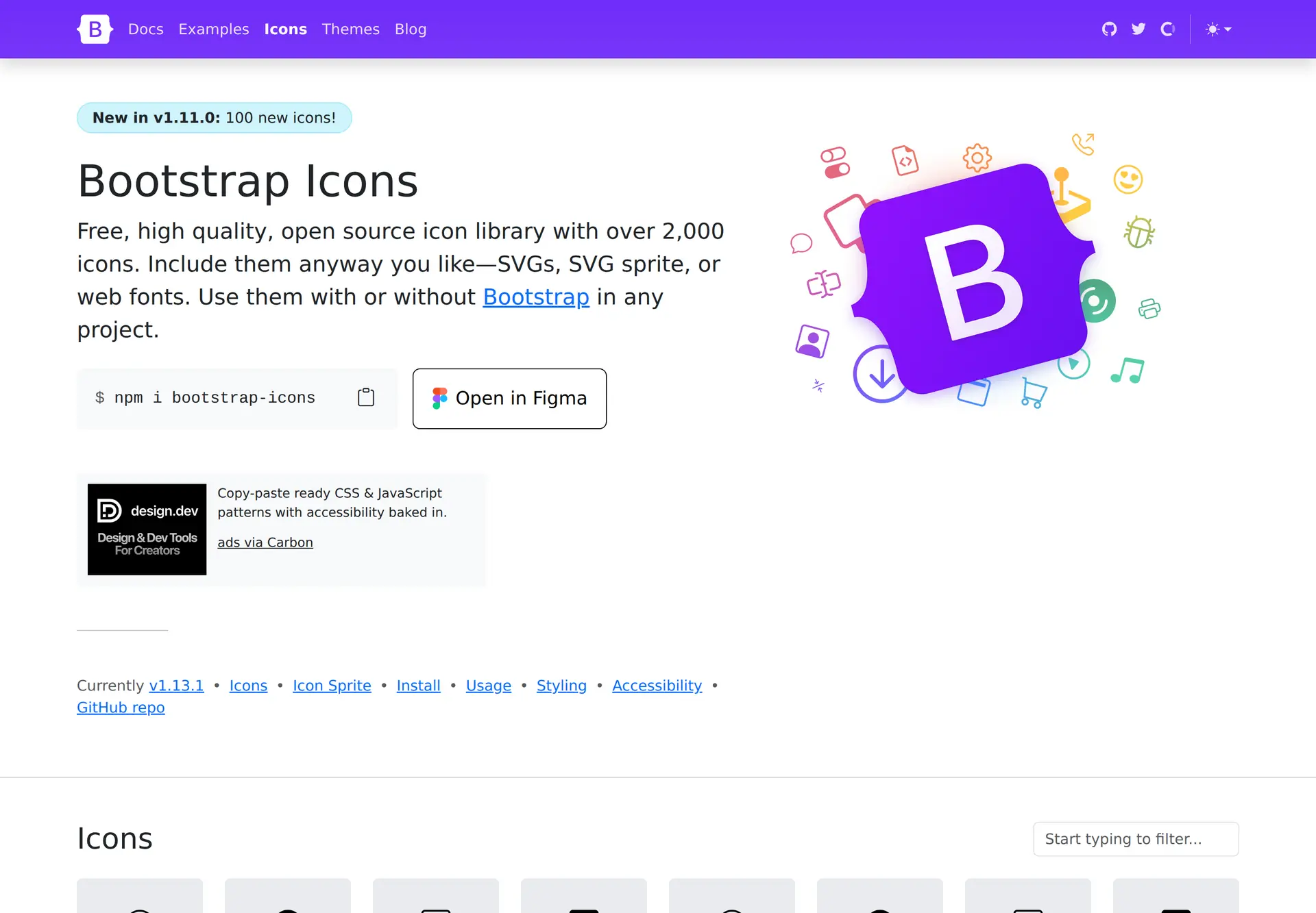 صفحه جست‌وجو و انتخاب نام آیکون در کتابخانه رسمی Bootstrap Icons