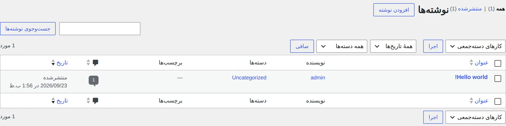 فهرست نوشته‌ها در پیشخوان فارسی وردپرس که مدیریت محتوا بدون ساخت دستی فایل HTML رو نشون می‌ده.