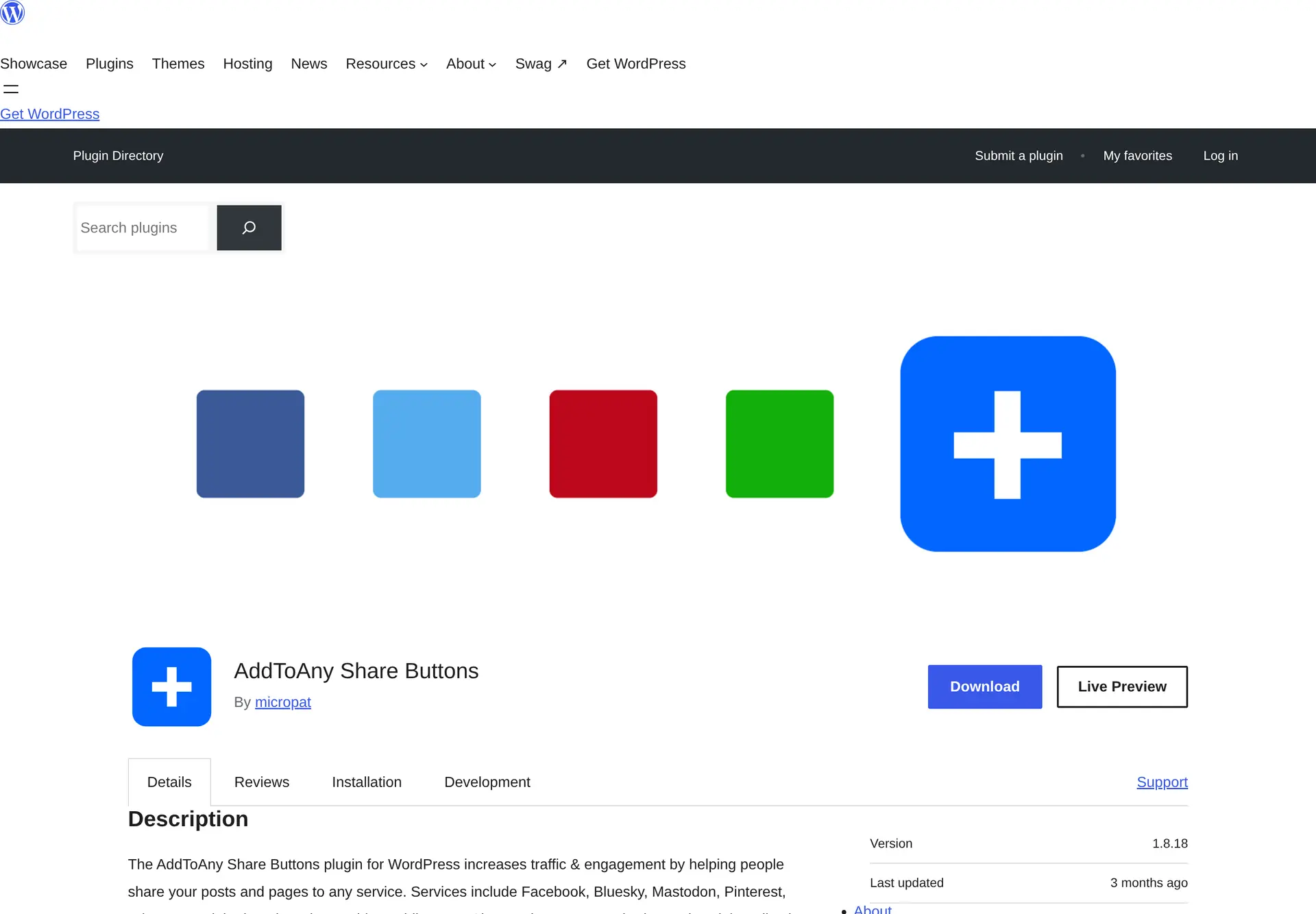 صفحه رسمی افزونه AddToAny Share Buttons در مخزن وردپرس