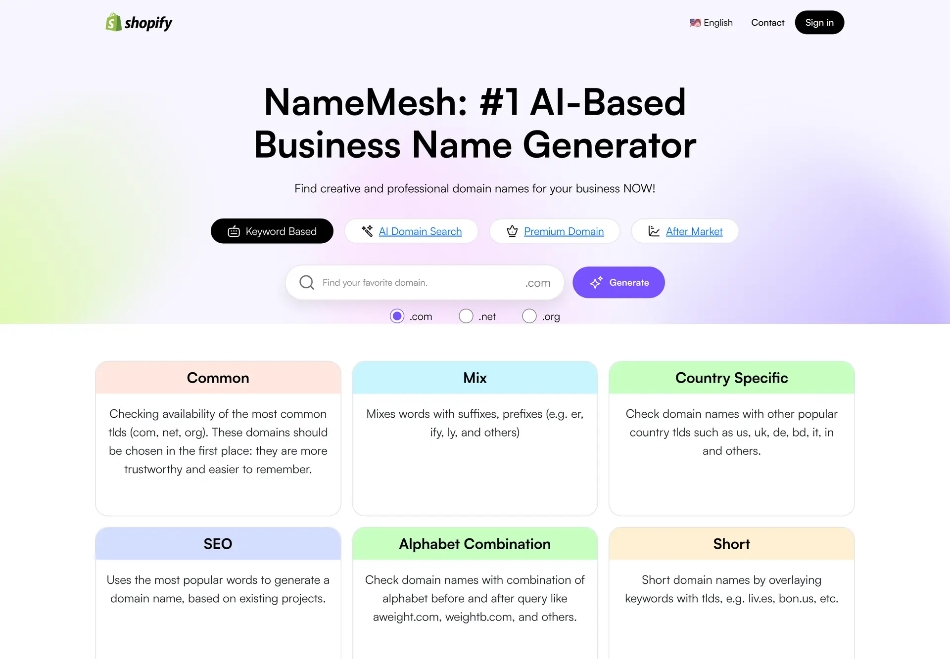 توضیح کوتاهی از کسب‌وکارتون به NameMesh بدید و پیشنهادهای دامنه رو بررسی کنید.