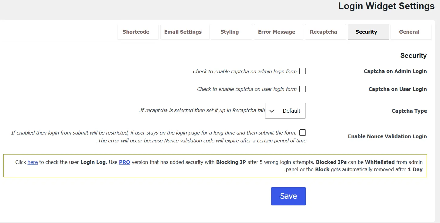 تنظیمات امنیتی افزونه Login Widget With Shortcode