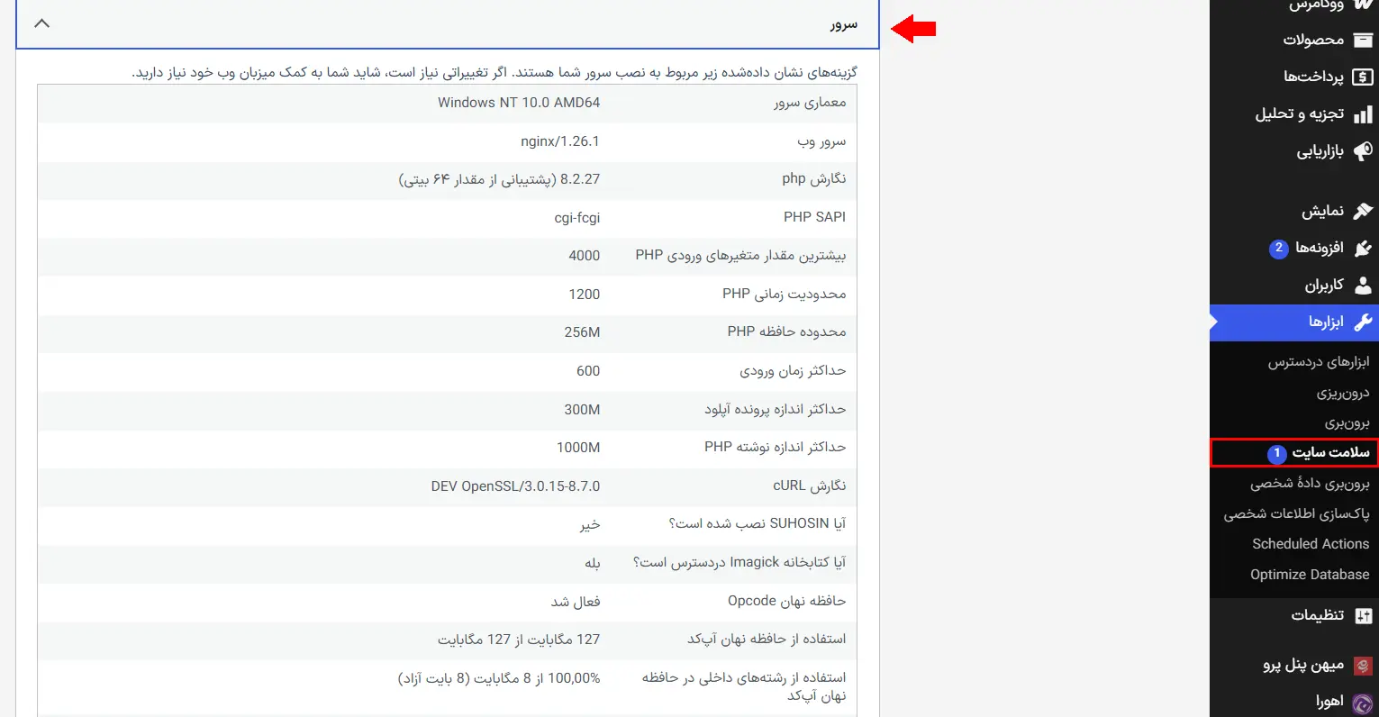 ابزارها ← سلامت سایت ← اطلاعات ← سرور