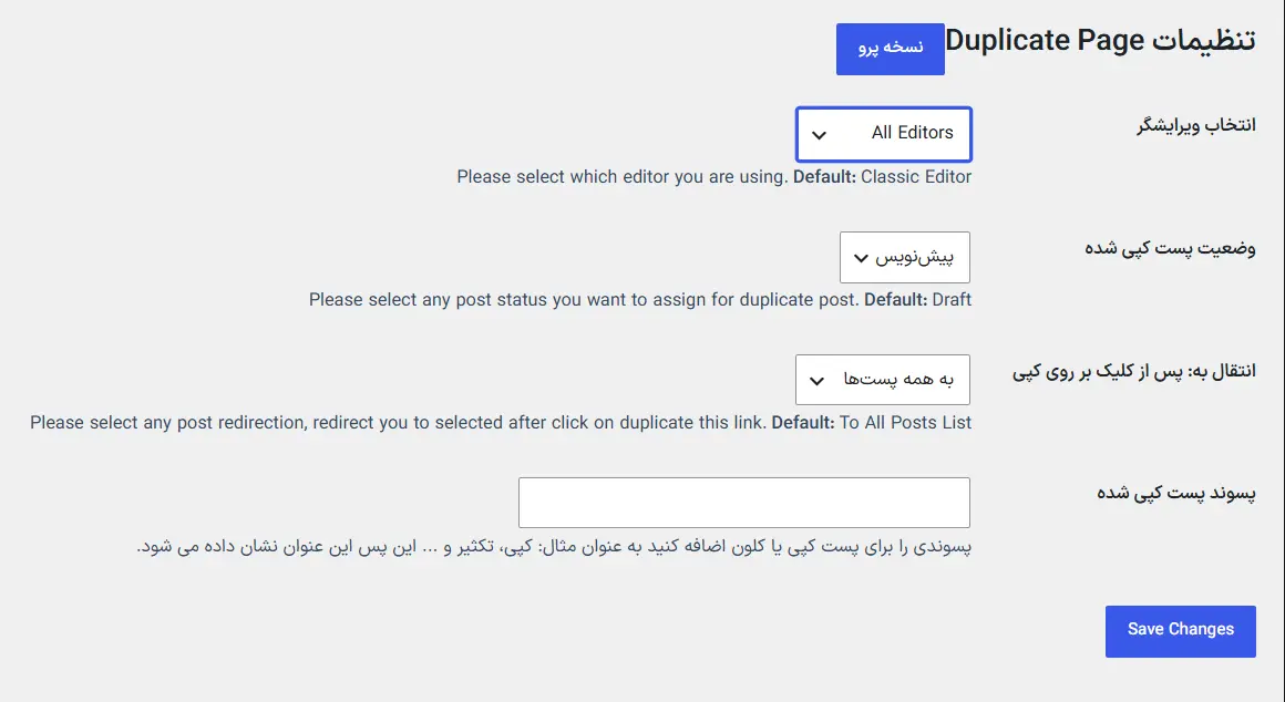 تنظیم افزونه Duplicate Page