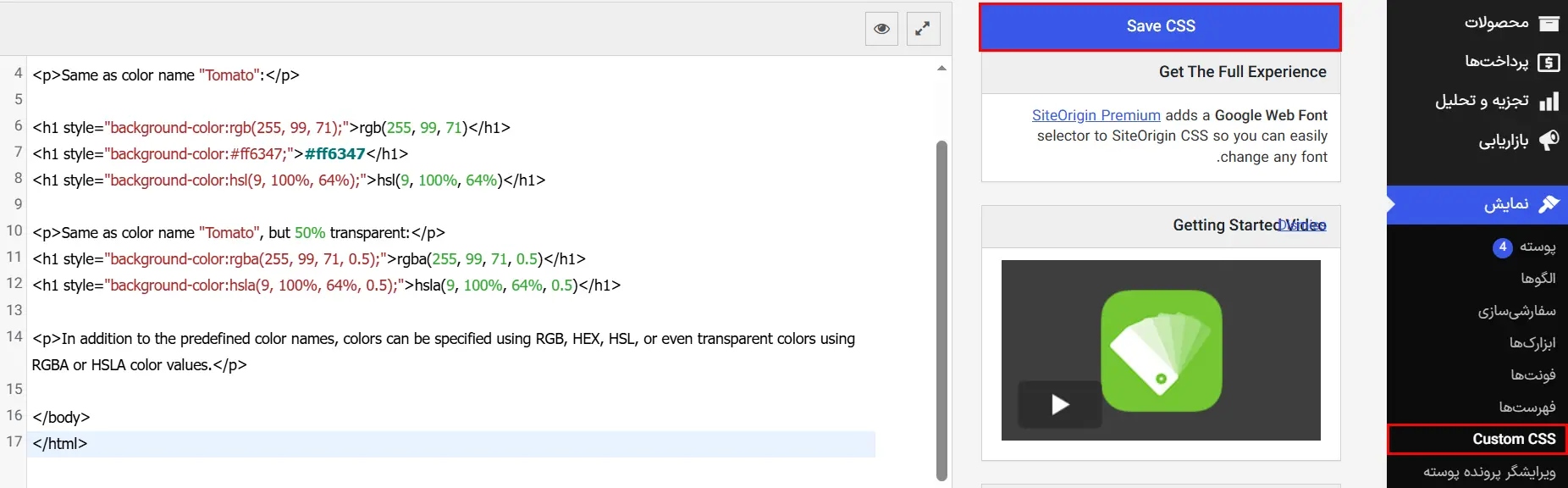 ورود به بخش Custom CSS