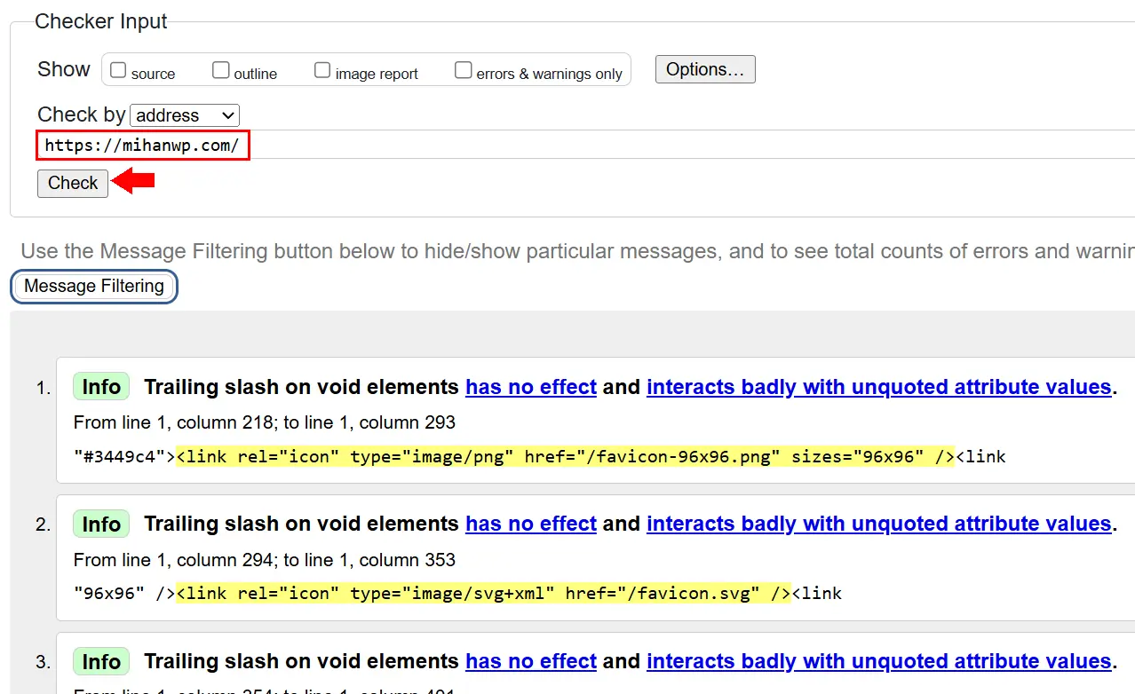 نمونه گزارش W3C HTML Checker شامل خطاها، هشدارها و محل تقریبی مشکل در کد