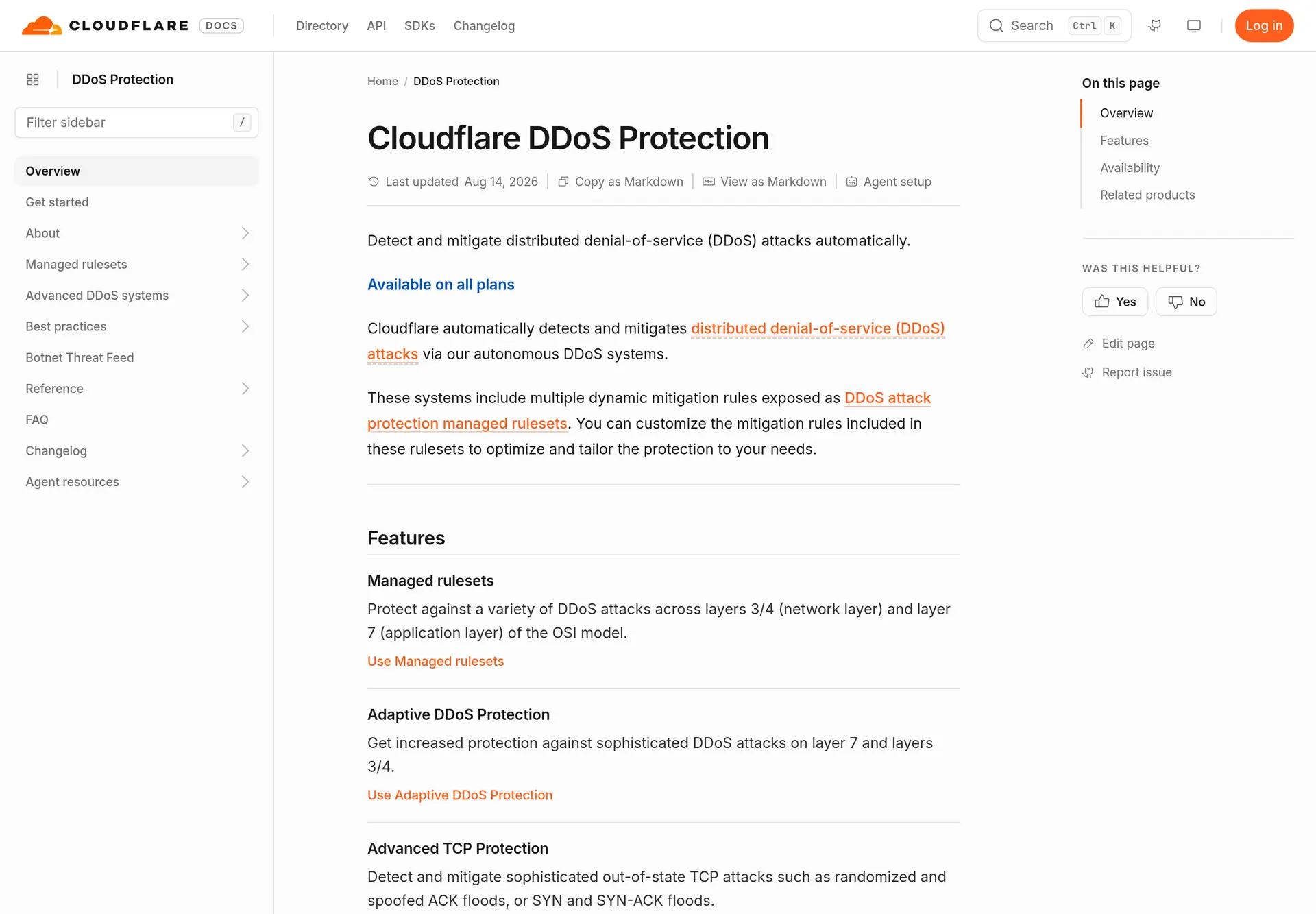 صفحه رسمی کلودفلر درباره محافظت خودکار در برابر حملات DDoS