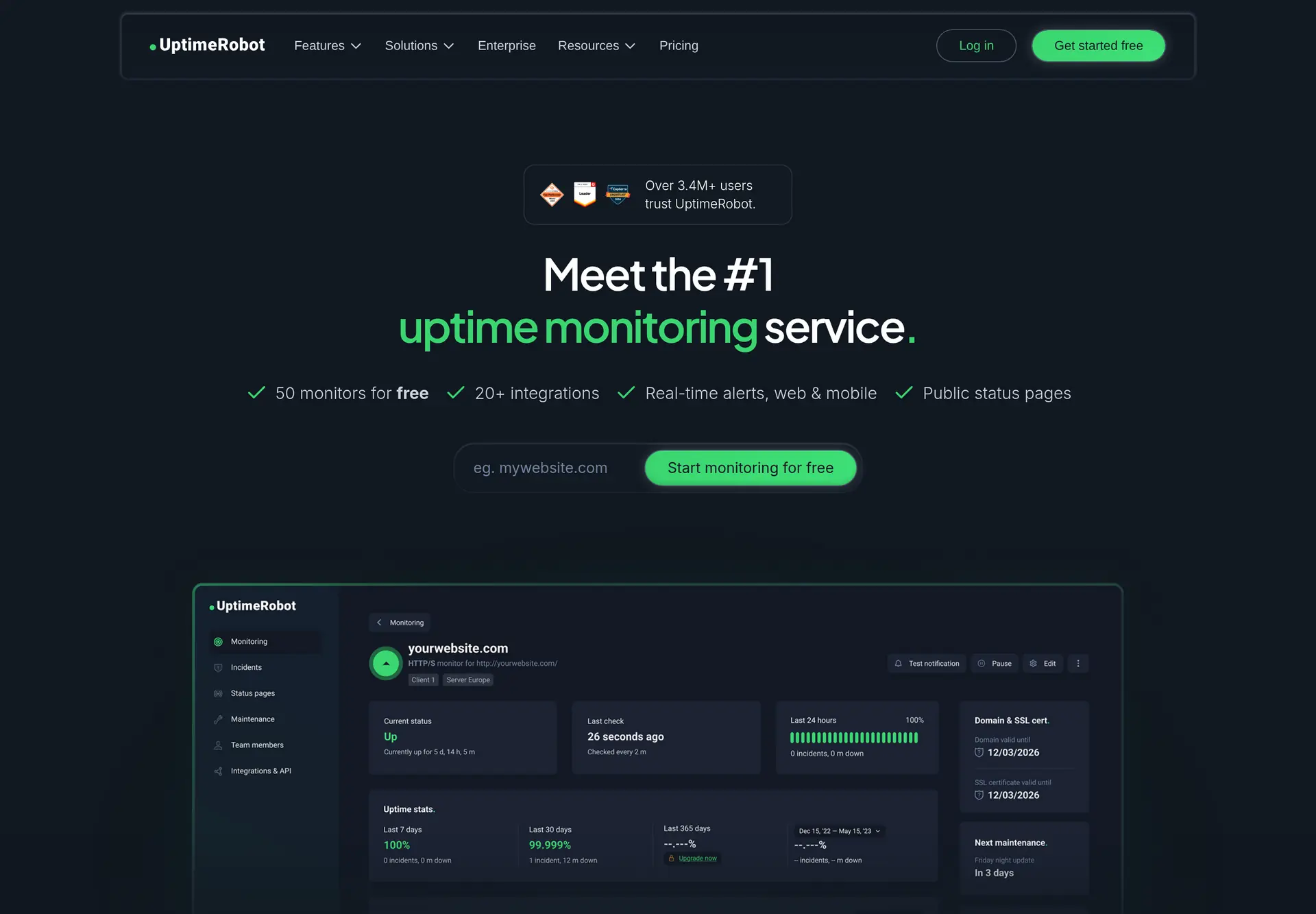 صفحه اصلی UptimeRobot و گزینه شروع ثبت‌نام