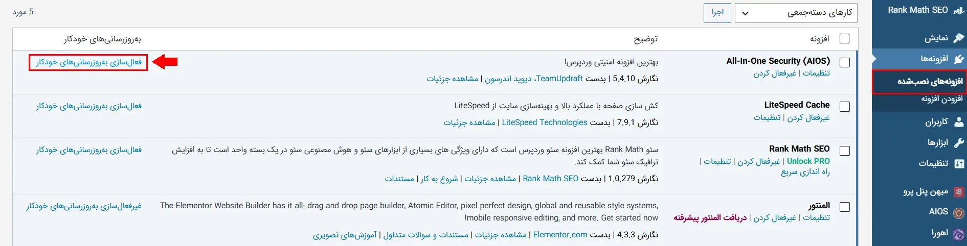 فعال کردن آپدیت خودکار افزونه‌ها