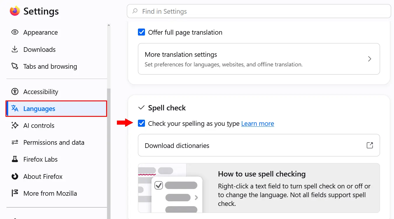 فعال‌کردن بررسی املا در Firefox
