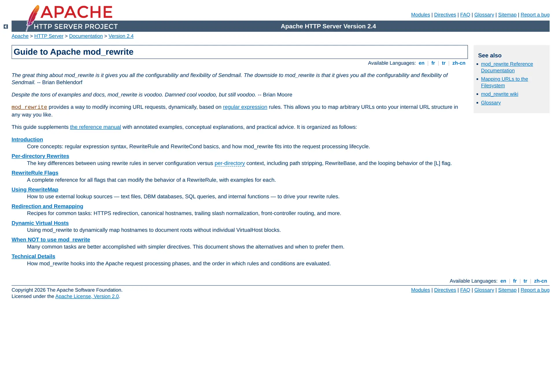 راهنمای رسمی Apache برای تعریف قوانین ریدایرکت با mod_rewrite