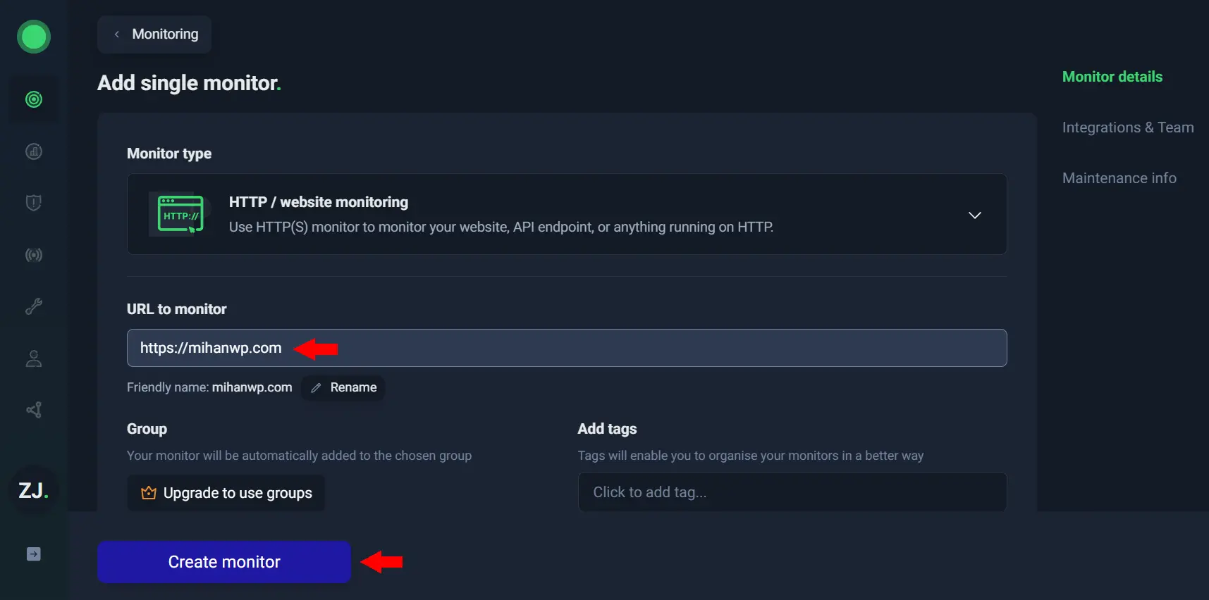 ساخت مانیتور با Create Monitor