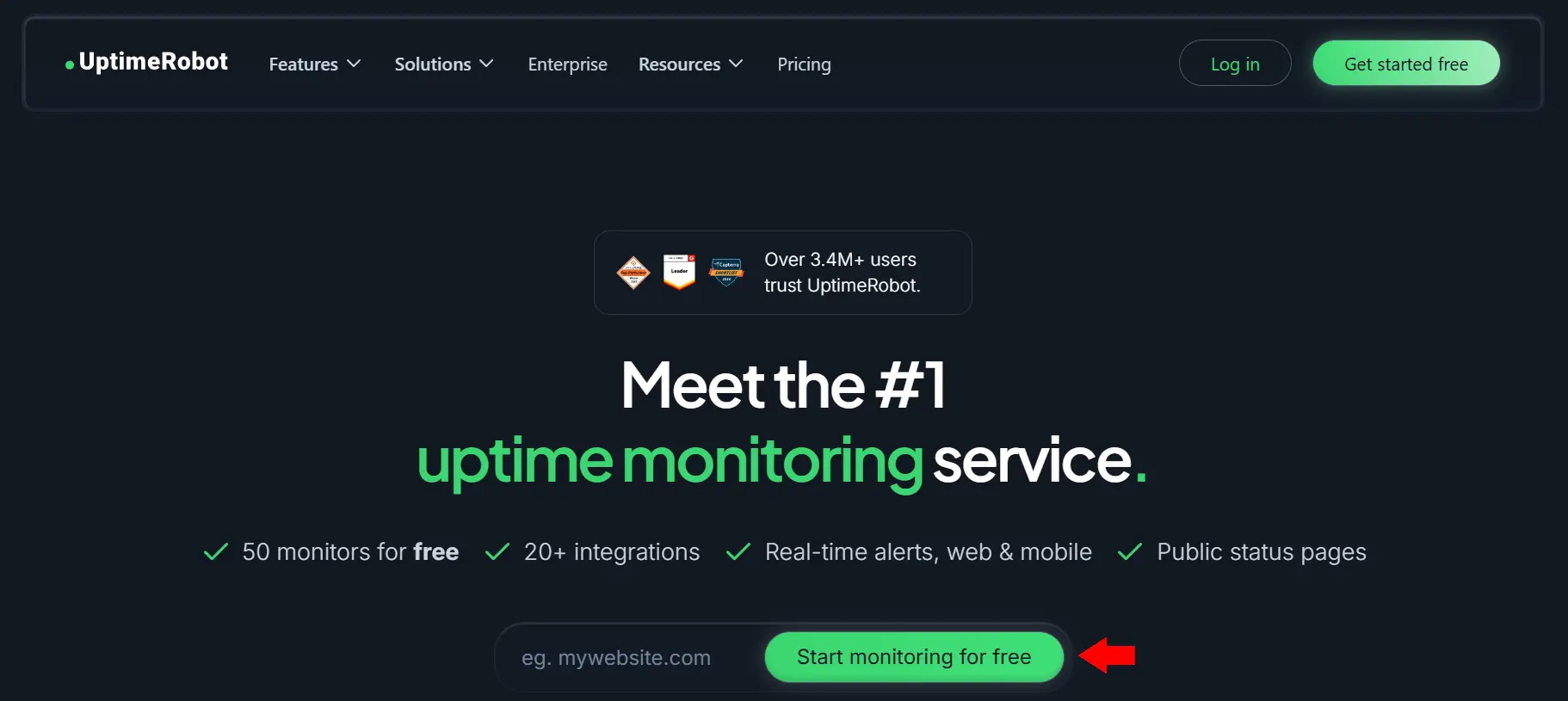 وارد شدن به سایت UptimeRobot