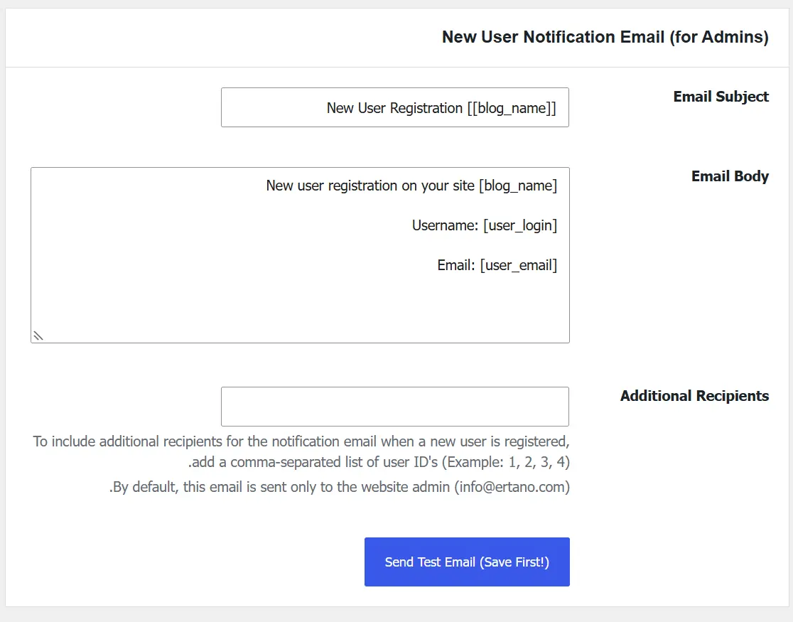 اعلان مدیر سایت در تنظیمات افزونه Swift SMTP