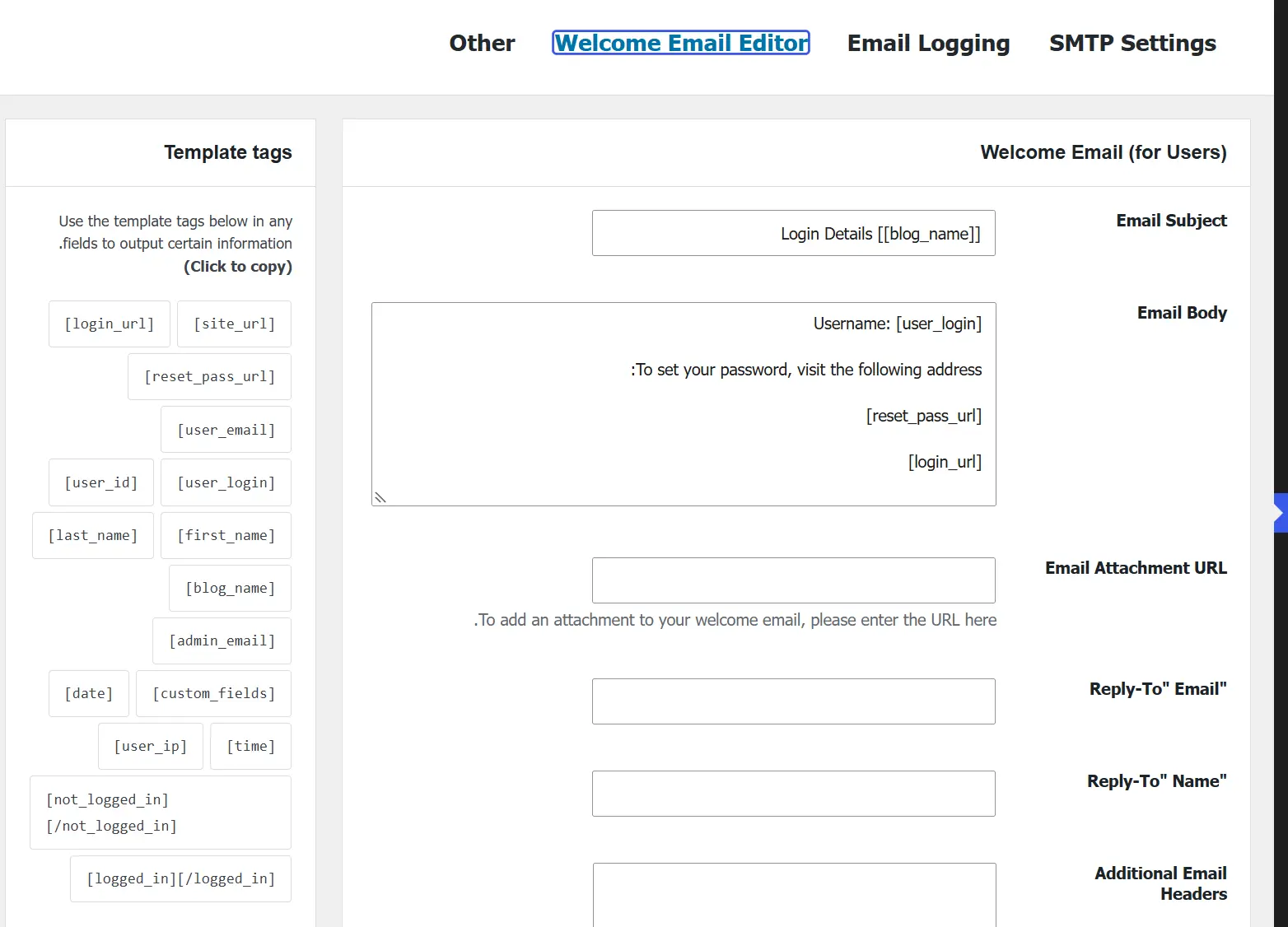 Welcome Email در تنظیمات افزونه Swift SMTP